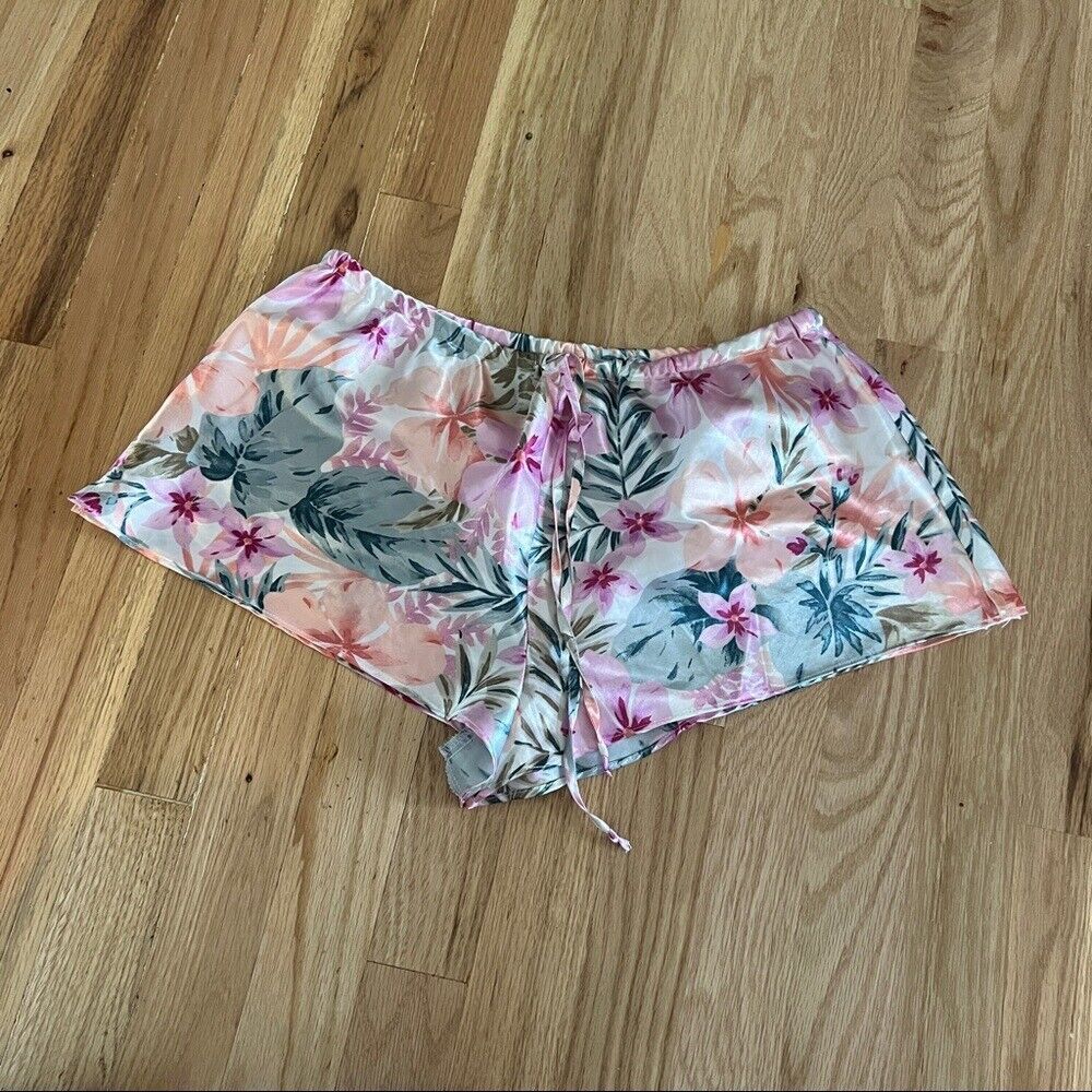 90s Vintage Pajama Sleep Shorts Womens Medium floral‎ orange green Satin Lounge